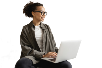 Uses a laptop computer Designer creative woman creative manager man in the office.  the manager is a woman smiling in stylish clothes for work.