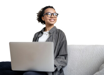 Uses an online laptop computer manager creative woman creative manager man in the office.  the manager is a woman smiling in stylish clothes for work.