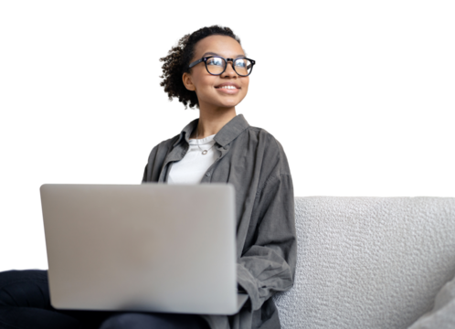 Uses an online laptop computer manager creative woman creative manager man in the office.  the manager is a woman smiling in stylish clothes for work.