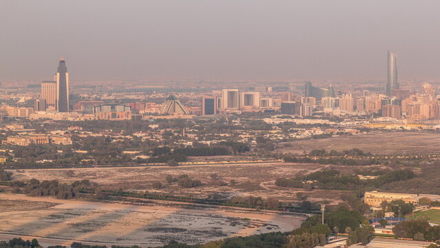 Bur Dubai and Deira districts aerial timelapse viewed from financial district.