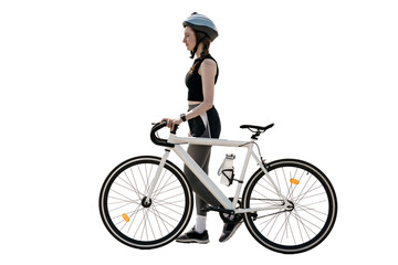 A woman cyclist goes for a ride on eco transport in full growth.  A sporty person has a passion and passion for riding a bike.