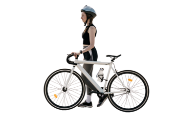 A woman cyclist goes for a ride on eco transport in full growth.  A sporty person has a passion and passion for riding a bike.