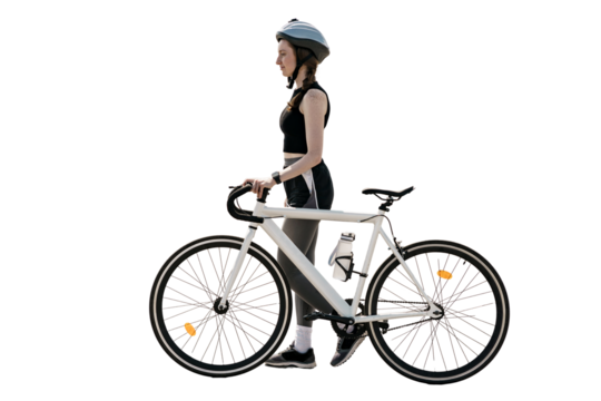 A woman cyclist goes for a ride on eco transport in full growth.  A sporty person has a passion and passion for riding a bike.
