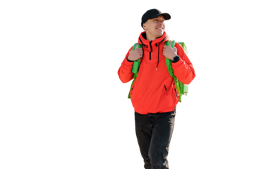 The courier is a man walking fast food delivery home in a backpack. A man is an employee of the company in uniform.