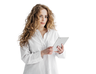 Uses a tablet freelancer office woman smiling in modern clothes for work. Creative manager person online.