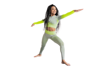 The instructor is a full-length woman doing exercises.  A sporty confident man in a tracksuit clothes. Trainer training healthy lifestyle.