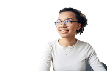 A female student portrait with glasses looks away, a freelancer is thinking about a new project.