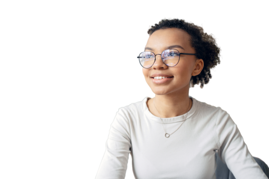 A female student portrait with glasses looks away, a freelancer is thinking about a new project.