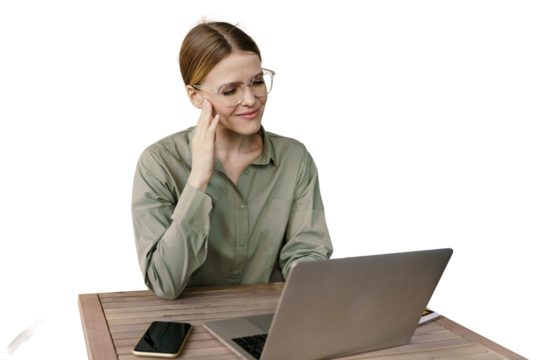 Student online training video call. An office employee uses a laptop, a woman creative designer in office clothes.