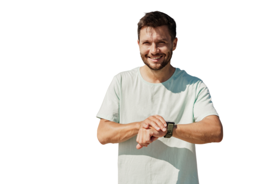 Uses a fitness app and watch accessories. Sports jogging.   A runner is an athlete, a strong confident person in a T-shirt, a healthy lifestyle.