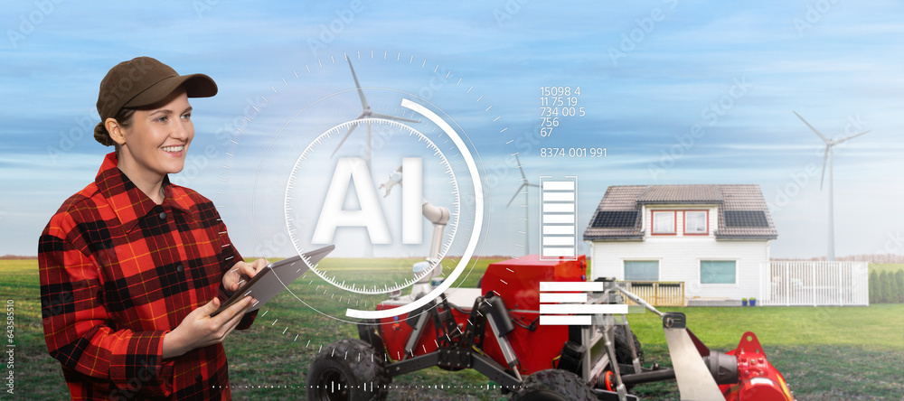 Poster woman farmer controls of autonomous tractor with artificial intelligence