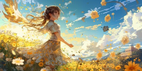 anime style illustration of young girl walking in flower field, generative Ai - obrazy, fototapety, plakaty
