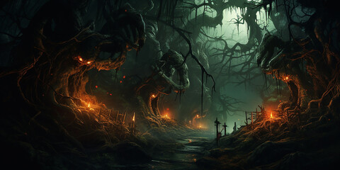 a creepy forest with twisted trees, glowing eyes, and hidden creatures.