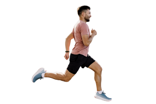 The runner is a strong confident person in a full-length T-shirt, healthy lifestyle. Sports jogging, a man uses a fitness app and watch accessories.