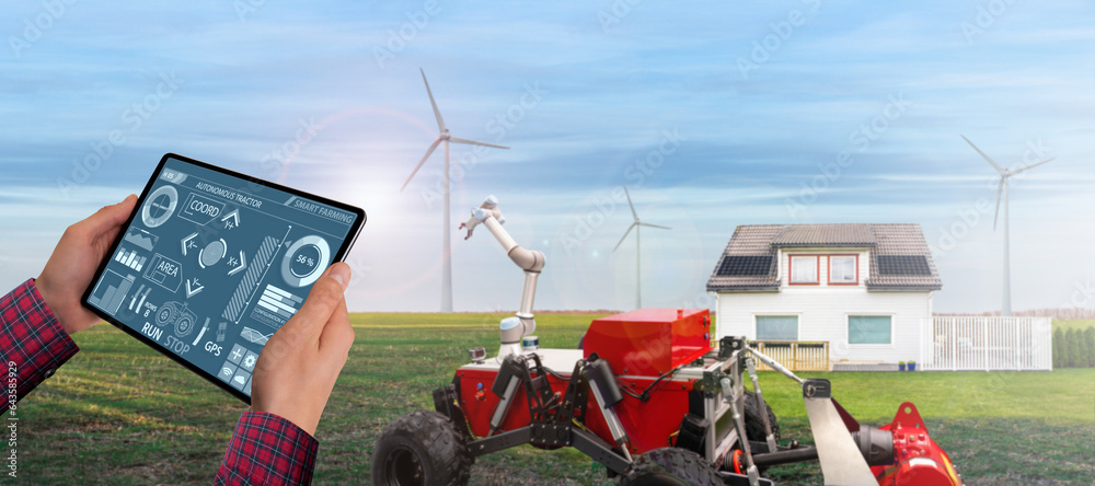 Aufkleber Man farmer controls of autonomous tractor with artificial intelligence
