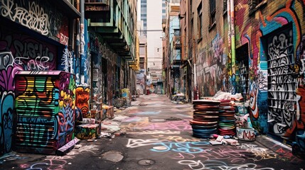 city street narrow path with colorful light and graffiti wall, Generative Ai	