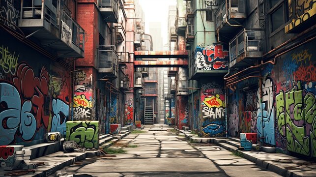 Fototapeta city street narrow path with colorful light and graffiti wall, Generative Ai 