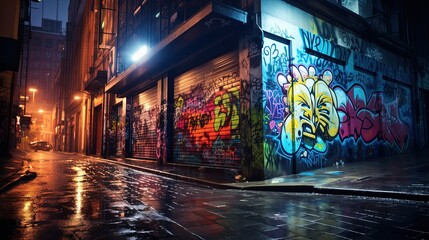 wet city street after rain at night time with colorful light and graffiti wall, Generative Ai 
