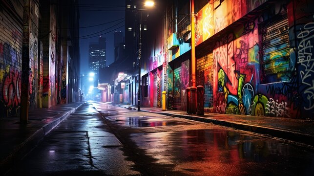 Fototapeta wet city street after rain at night time with colorful light and graffiti wall, Generative Ai  