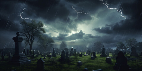 a graveyard under a thunderstorm, with lightning flashes and ominous clouds.