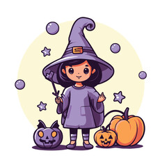 cute halloween witch with pumpkin, trick or treat clipart