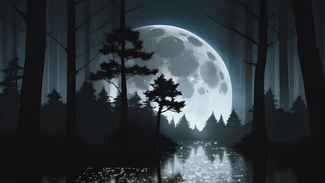 Fantasy dark night with big moon, silhouette of trees, and water reflection. Cartoon or anime illustration style. seamless looping 4K time-lapse virtual video animation background.