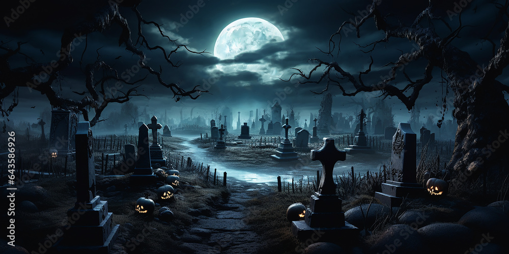 Wall mural a graveyard scene with moonlight casting shadows on the tombstones.