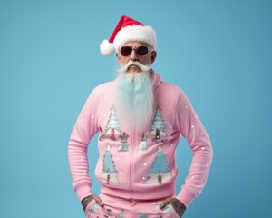 Fashionable style of santa claus posing for new year's eve. Hipster senior man with a gray beard in pink pastel fashion clothes.