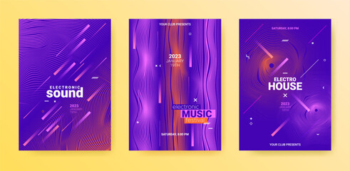 Electronic Music Flyers Set. Techno Party Cover. Gradient Distort - 643587529