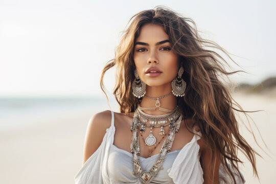 Portrait of beautiful woman standing on the beach, wearing stylish boho dress and jewlery