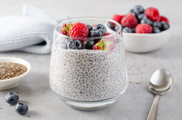 Healthy Chia Pudding in a Glass with Fresh Berries