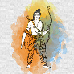 illustration of Lord Rama with bow arrow with Hindi text meaning Shree Ram Navami celebration background for religious holiday of India - obrazy, fototapety, plakaty