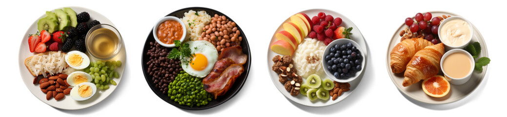 English Breakfast plate set top view isolated over a transparent background, with eggs, nuts,...