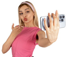 Sending air kiss, young caucasian blonde girl sending air kiss. Holding smartphone horizontal taking selfie, recording video, blogging, social media blowing kiss. Isolated transparent png background.