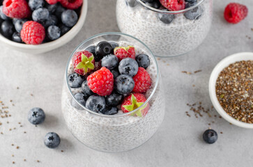 Healthy Chia Pudding in a Glass with Fresh Berries