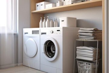 Interior of a bright modern laundry room, with washing machine and dryer.