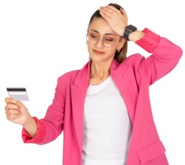 Stressed woman, portrait of sad confused stressed woman. Holding looking bank credit card. Hand on head. Something going wrong, mistake, rejected online payment, problem paying internet. Bad gesture.