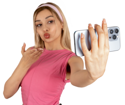 Sending air kiss, young caucasian blonde girl sending air kiss. Holding smartphone horizontal taking selfie, recording video, blogging, social media blowing kiss. Isolated transparent png background. 