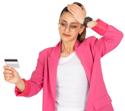 Stressed woman, portrait of sad confused stressed woman. Holding looking bank credit card. Hand on head. Something going wrong, mistake, rejected online payment, problem paying internet. Bad gesture.