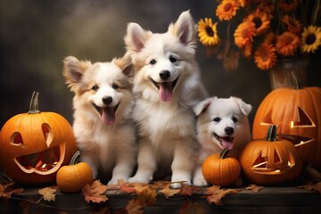 On a crisp autumn day, a playful group of puppies cuddle up around a vibrant display of pumpkins, squash, and gourds, creating a heartwarming scene of pets and seasonal vegetables inside a cozy home