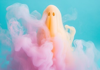 On a dark and chilly halloween night, a ghostly figure appears in a plume of pastel pink smoke, hovering over a pumpkin-shaped jack-o'-lantern in a vibrant autumnal landscape with mysterious creature