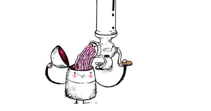 Brainstorm machine cartoon animation with a few cute  human characters walking. Brain forming. Process of idea formation. Information metaphor.
