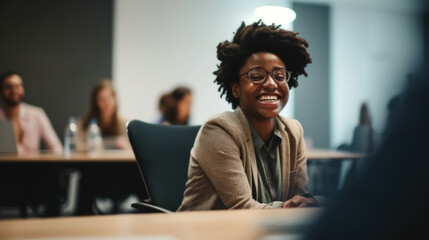 Smiling lady in a wheelchair, connecting with coworkers at the workplace. Generative AI