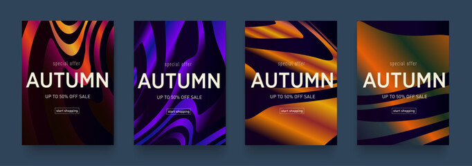 Modern Geometric Design of Gradient Stripe Yellow, Pink, Red, Blue, Violet, Orange Colors. Set Neon Autumn for Advertising, Web, Social Media, Poster, Banner, Cover. Patterns Sale offer 50%. 