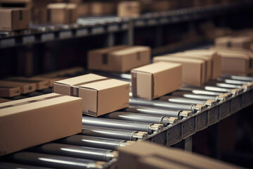 Postal cardboard box packages moving along conveyor belt in  warehouse fulfillment center. 