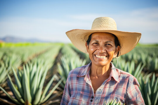 Portrait of a smiling hispanic woman working on a  plantation of aloe vera barbadensis miller in Mexico
