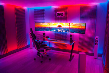 Vivid colorful image with a gaming room. Powerful computer set for gamers.