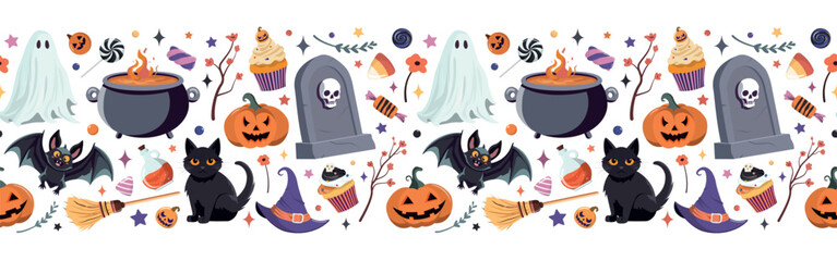 Halloween seamless border. Hand drawn festive Halloween illustration. Isolated on white background. Background for autumn holiday decorative design.