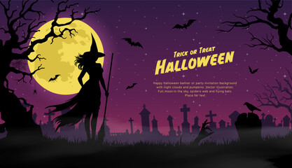 Halloween background with witch, cemetery and full moon. Vector illustration