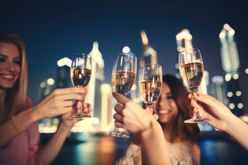 Group of happy rich and stylish woman friends clinking with glasses of wine, celebrating holiday in Dubai with skyline and skyscrapers in the background at night.